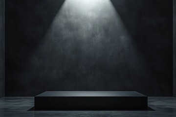 Empty dark stage with spotlight, dramatic presentation concept.