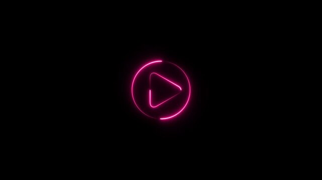 Glowing neon line start button. black background with glowing play button. Press to play. Neon glowing play button.