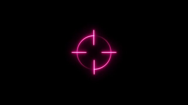 Neon aim cross, target search and aiming animation. Glowing neon target icon, looped animation. Cross hair, gun aim, sniper target, bulls eye, precise shoot, hunting, target audience.