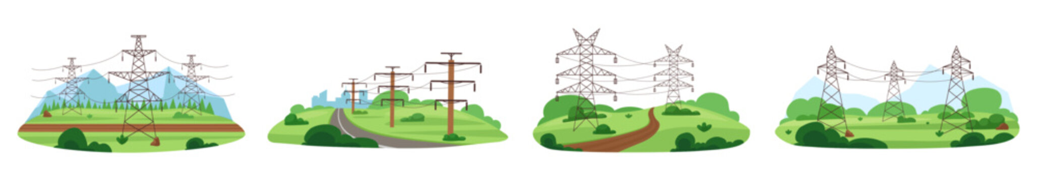 High voltage wires on nature and in forest. Electric power for city or village. Energy distribution transmission, powerlines nowaday vector scenes