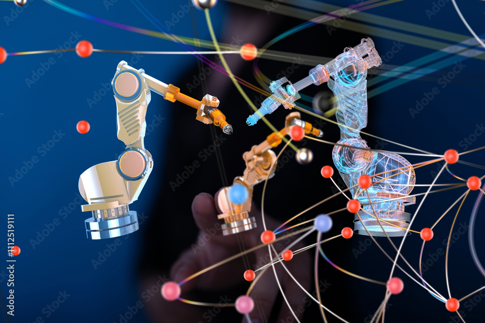 Poster Neural network 3D illustration. Big data and cybersecurity - 3d