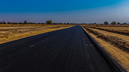 Naklejka premium Side view of a paved asphalt road under a clear blue sky, showcasing a scenic outdoor landscape