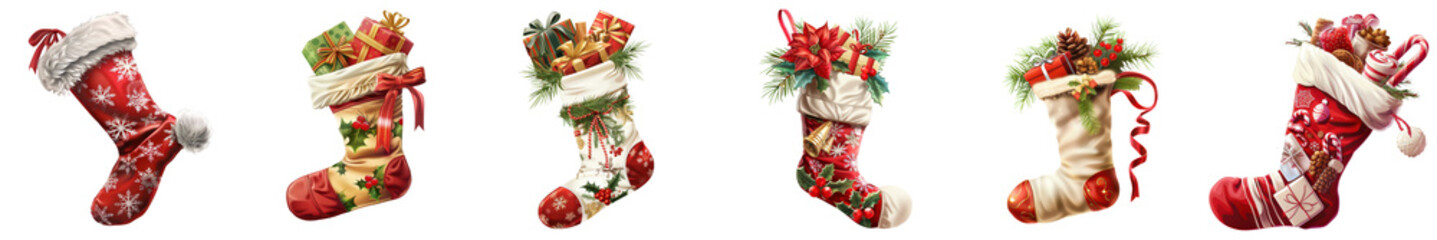 Christmas stocking with treats, holiday decoration, on transparent background png file