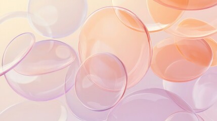 Abstract transparent 3D bubbles and ovals in muted peach and lavender, overlapping to create an airy, floating effect on a gradient pastel background