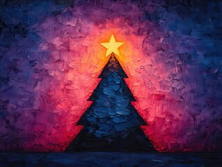 A glowing starburst at the top of a Christmas tree painted with textured acrylic layers