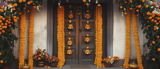 beautifully decorated entrance of house adorned with vibrant marigold flowers, showcasing traditional elements and warm, inviting atmosphere