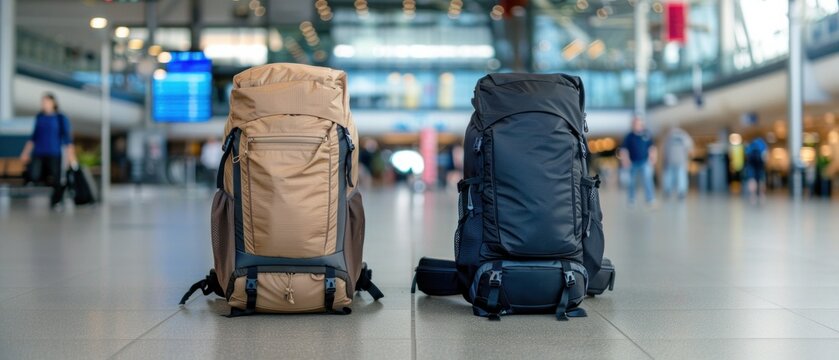 Two stylish backpacks sit on an airport floor, showcasing their design and functionality amidst travelers in the background.
