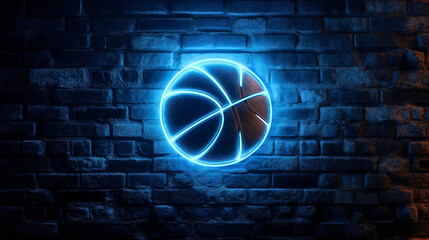Glowing neon basketball sign on brick wall isolated, illuminated sport competition icon design, bright championship game symbol at night