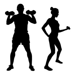 Fitness vector illustration. Man and woman practicing sport exercises with dumbbells. Vector silhouettes of fitness people isolated on white background. Healthy life style.
