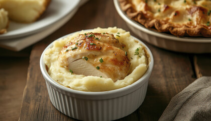 Delicious meal featuring tender chicken breast served on creamy mashed potatoes, garnished with herbs. Perfect for comforting dinner or festive gathering