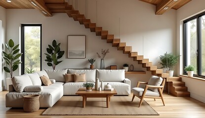 Farmhouse home interior design of modern living room with wooden staircase.
