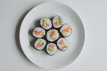 Delicious sushi rolls arranged on a white plate for a meal
