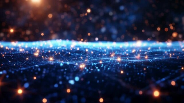 Elegance of a wave of round, abstract blue orange dots glowing, mesh of networks, futuristic technology data. 