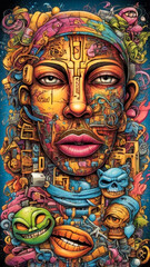 Complex and rich composition in graffiti style, combining bright colors, diverse images and elements of urban culture. Street art, contemporary artwork.