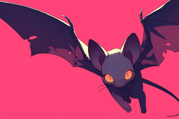 A stylized bat-like creature with large ears and glowing eyes flying against a pink background.