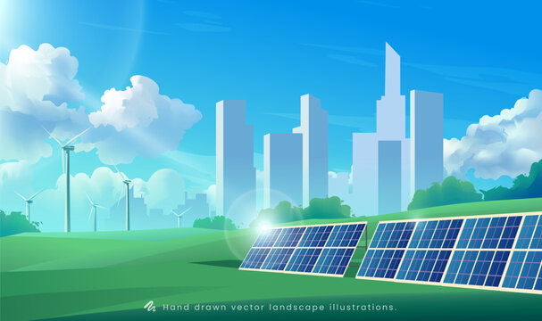 Environmental theme illustrations Wind, solar and cities