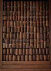 Fototapeta premium A stack of cigars neatly arranged on a wooden rack inside a large, dark humidor against a black background, cigar lounge, collection