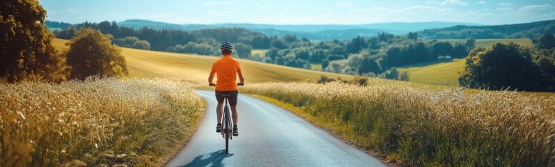 Obraz premium Man riding a bike down a road in the middle of a field