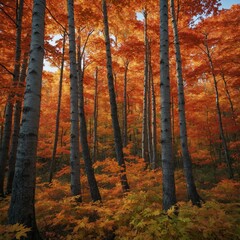 Fototapeta premium A fiery maple tree glowing brightly in an early autumn forest.