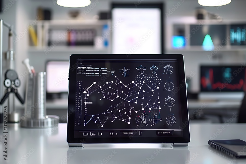 Poster a sleek office desk with a tablet displaying an interactive neural pathway map and genome analysis t