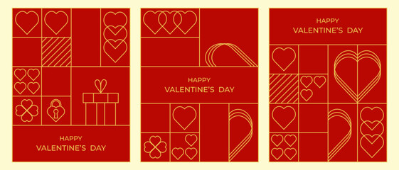 Fototapeta premium Set of Valentine's Day invitation cards.Modern geometric design with golden hearts on red background.Vector template for cover,poster.