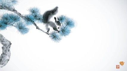 Ink wash painting of a squirrel on a pine tree branch. Traditional oriental ink painting sumi-e, u-sin, go-hua. Hieroglyph - happiness.