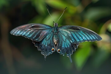 A blue and black butterfly perched on the edge of a leaf, showcasing its vibrant colors and delicate features