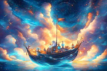 Majestic ship sailing through cosmic clouds in a dreamlike fantasy