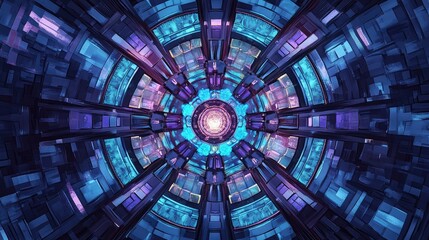A futuristic pixel art mandala with sharp edges and a cool color palette of blues, purples, and metallic shades