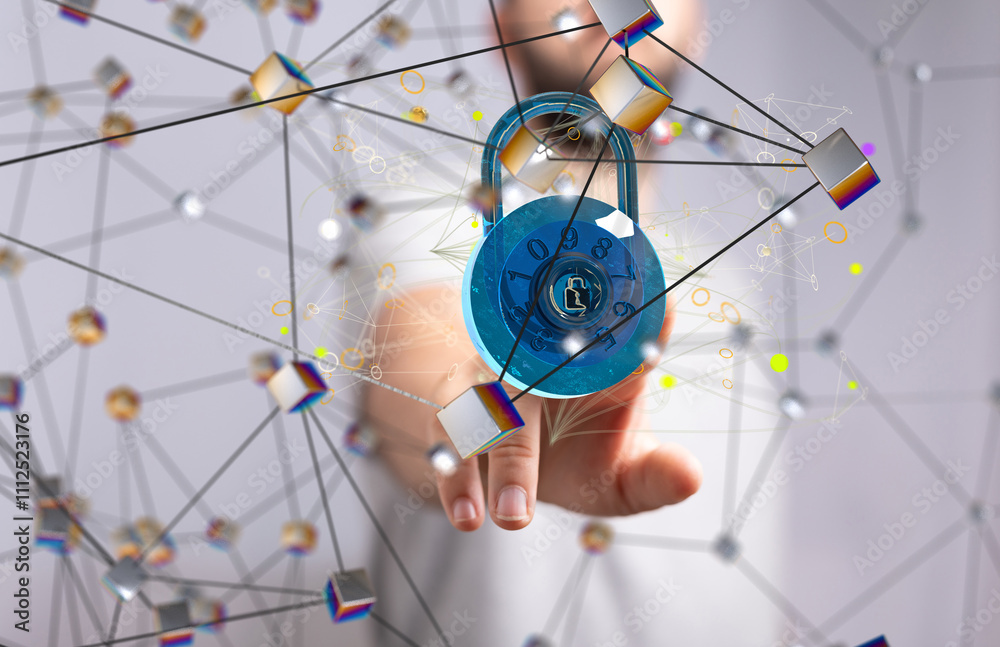 Poster Cybersecurity and information or network protection. Future technology web