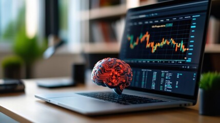 Conceptual representation of artificial intelligence as a brain model with stock market charts on a laptop, showcasing technology and finance convergence in modern workspace.