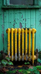 Obraz premium Rusty yellow radiator against an old green wall covered in peeling paint, surrounded by overgrown vegetation