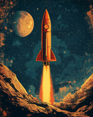 Obraz premium bold retro rocket ignites its engines, blasting off towards a starry night sky over a craggy alien surface