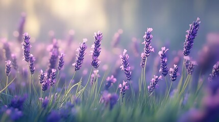 Naklejka premium Lush,vibrant purple lavender flowers with soft green stems gently swaying in the calm breeze of a serene,pastoral landscape. A peaceful,tranquil scene of natural botanical beauty.