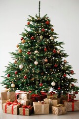 A festive Christmas tree decorated with colorful presents and ornaments