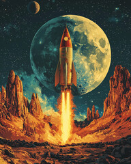 Obraz premium retro rocket launches against a celestial backdrop with a giant moon, lighting up the stark alien landscape