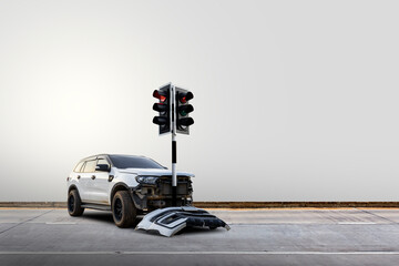 Photo of an White Car hitting a traffic light pole, perfect for educational materials on road...