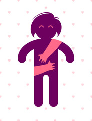Beloved woman with care hands of a lover or friend hugging her around from behind, vector icon logo or illustration in simplistic symbolic style.