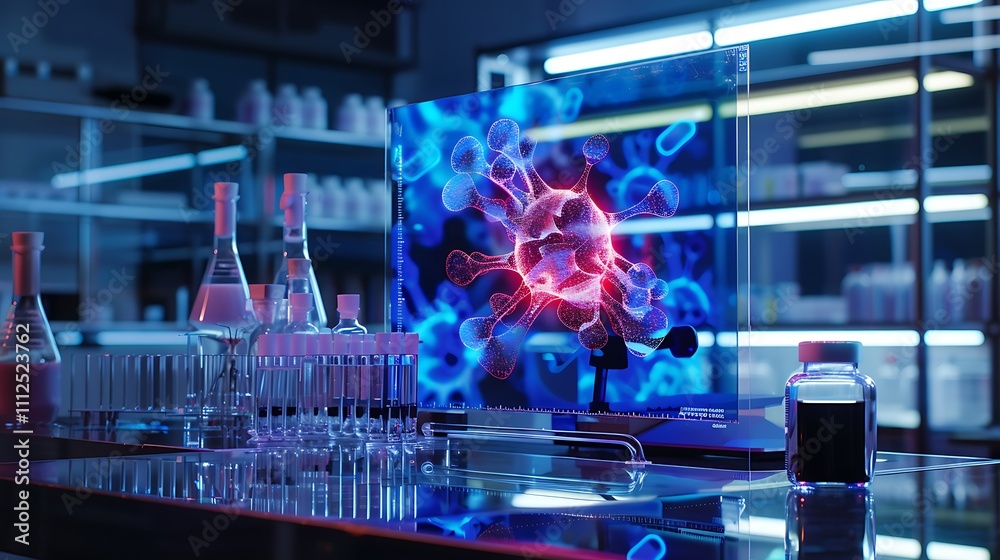 Poster a sleek research lab with a transparent lcd screen displaying a rotating model of a neuron