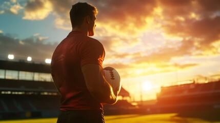 A rugby player in a red shirt stands on a field at sunset, holding a ball while gazing at the colorful sky. The atmosphere is filled with anticipation and excitement
