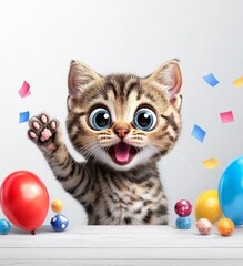 minimal photostock of a  Happy cat peeks out from behind a banner and waving his paw