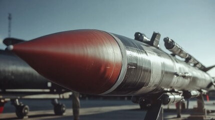 A missile is prominently showcased at a military facility under clear skies. Its sleek design and intricate details reflect modern weapon technology
