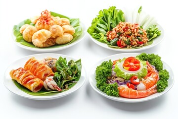 Four plates with various dishes on a white background