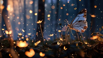 Obraz premium A delicate butterfly with vibrant orange and black wings flutters gracefully against a soft blue background.