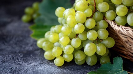 Fresh Green Grapes in a Woven Basket Surrounded by Leaves