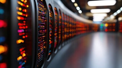 Futuristic Data Center Interior with Vibrant LED Displays, Pathway and Advanced Technology Framework, Concept of Cloud Computing and Secure Storage Solutions