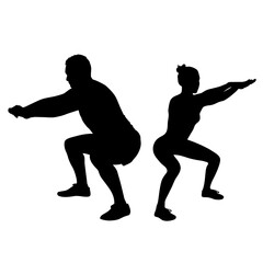 Vector silhouettes of boy and girl doing fitness exercises. Slim sportive people icon isolated on white background. Healthy life style.