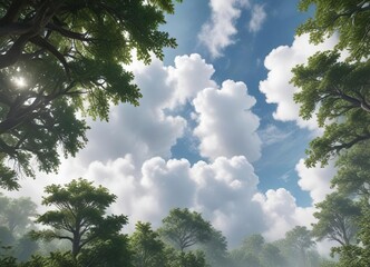 Obraz premium Dense forest canopy covered in soft, white clouds , weather, misty, hush