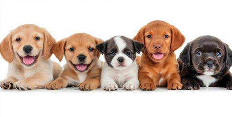 minimal photostock of a  Group of pets together over white banner. isolated on white background , isolated on white background,  , copy space, copy space for text,