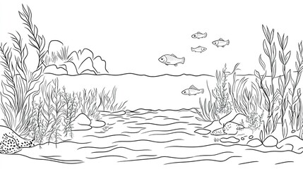Naklejka premium Monochrome underwater scene with fish and algae